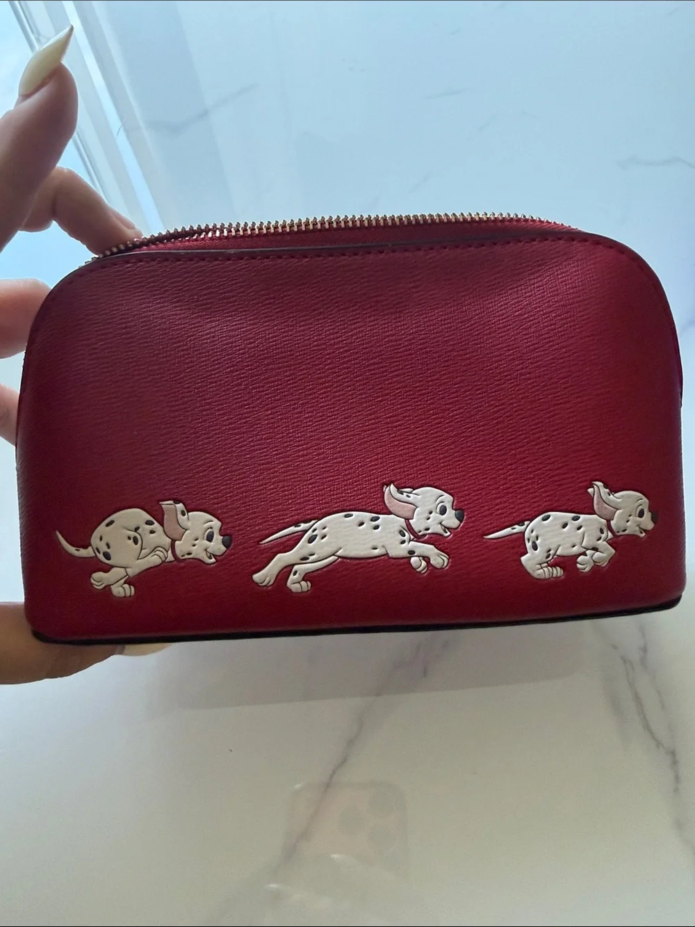 kate spade Red and Cream Cruella Cosmetic Pouch with Gold Logo
